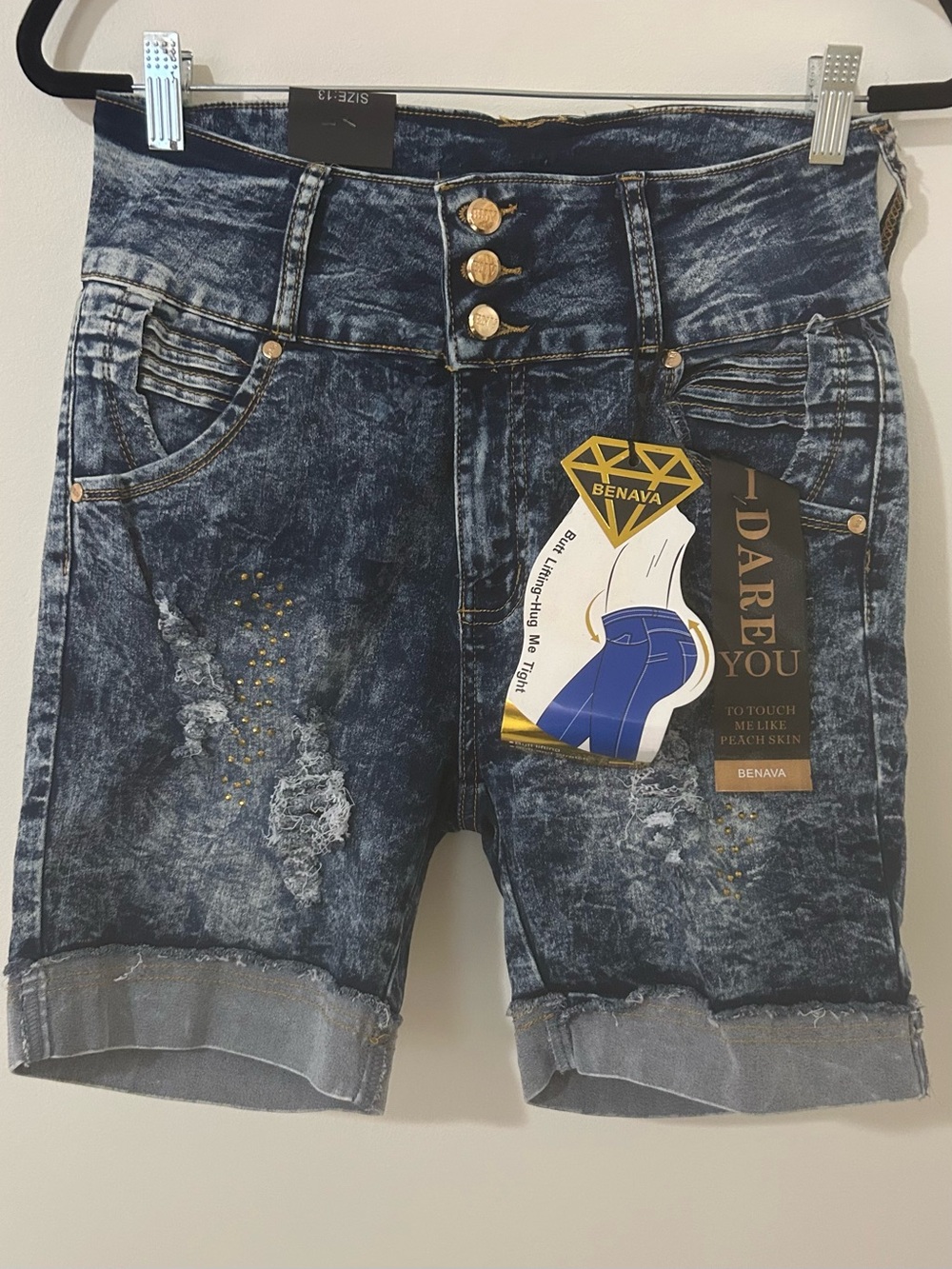 NWT Benava High Waisted Distressed Acid Wash Denim Bermuda Shorts 13